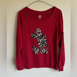 Disney Parks Sequin Mickey Mouse Red Raglan Crewneck Sweatshirt Top Small